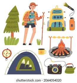 Set Hiking camping. A boy with a backpack with a stick in a cap is going camping, campfire, tent, tree, flashlight, compass, camera, kettle, mug, flask of water. Vector flat illustration