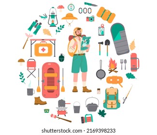 A set of hiking and camping equipment in the apartment. Circle shape. Tourist guy with a tourist backpack. Vector illustration.