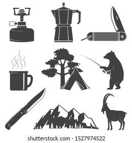 Set of Hiking and Camping icons isolated on the white background. Vector illustration. Set include fishing bear, mountains, knife, tent, cup, coffee, goat, gas stove and forest silhouette