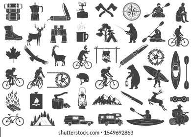 Set of Hiking and Camping icons isolated on the white background. Vector. Set include fishing bear, mountains, knife, tent, cup, coffee, goat, gas stove, water sports equipment, forest silhouette