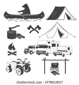 Set of Hiking and Camping icons isolated on the white background. Vector. Set include car, quad bike, kayak, pot on the fire, axe, bear, tent, campfire, canoe silhouette