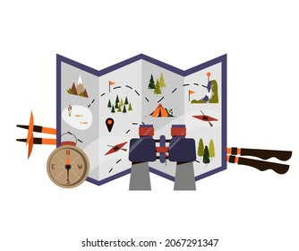 Set with hiking and camping map, binoculars, trekking poles and compass. Vector illustration
