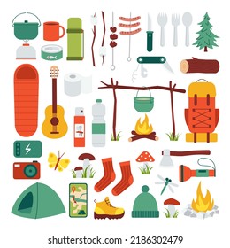 Set of Camping Equipment Icons in Cartoon Style. Camping Supplies