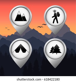Set of hiking and camping web pointers against a background of a sunset in the mountains