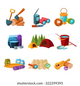 Set of hiking, climbing and camping icons, collection of vector illustrations