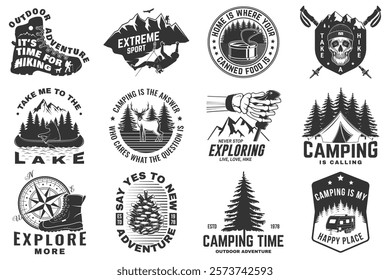 Set of hiking, climbing and camping related typographic quote. Vector. Concept for shirt or logo, print, stamp, sticker. Design with forest, mountains, hiker, axe and campfire