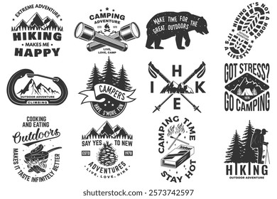 Set of hiking, climbing and camping related typographic quote. Vector. Concept for shirt or logo, print, stamp, sticker. Design with forest, mountains, hiker, axe and campfire