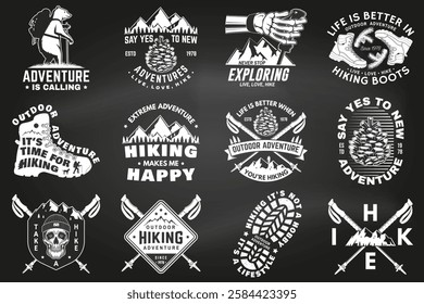 Set of hiking, climbing and camping related typographic quote. Vector. Concept for shirt or logo, print, stamp, sticker on the chalkboard. Design with forest, mountains, hiker, axe and campfire