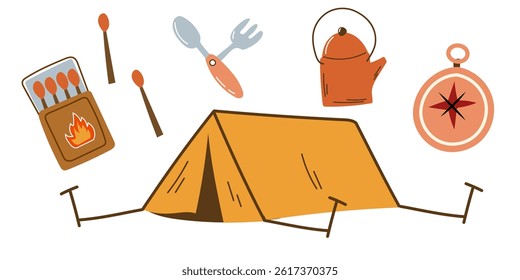 Set of hiking elements. Campfire set. Camping.
