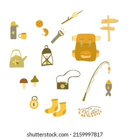 Set of hiking elements, camping collection, camping and hiking flat stickers
