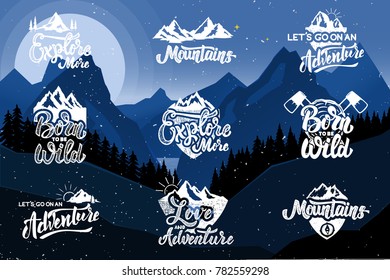 Set of hiking emblems on background with mountains. Design elements for poster, emblem, sign, t shirt. Vector illustration