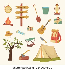 set of hiking equipment icons for trekking tourists. with Collection of cartoon summer camp travel tools for wilderness survival, backpack ax tent, fire compass and white background.