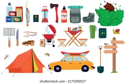 Un conjunto de equipos de senderismo, artículos para acampar en verano, trekking.  Mochila, carpa, barco, barbacoa, hacha. Ilustración vectorial.