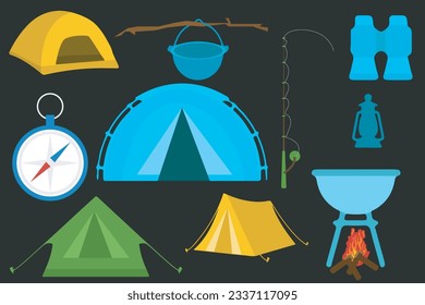 set of hiking equipment. Items for summer camping, trekking. Travel supplies icons for outdoor base camp. Backpack