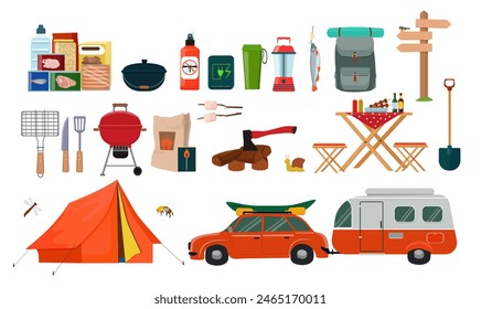 Un conjunto de equipos de senderismo, artículos para acampar de verano, senderismo.  Mochila, tienda, barco, barbacoa, hacha. Ilustración vectorial.