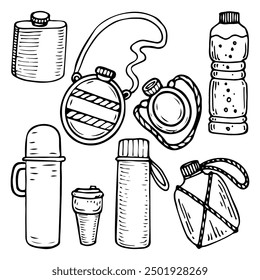 Set hiking flask bottle water hand drawn doodle. Thermos of hot drink camp. Drinkware. Tourist equipment. Vector line art illustration.