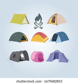 A set of hiking flat icons in modern style with camping info graphic elements.