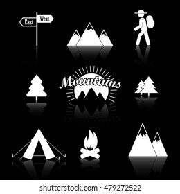 Set of hiking icons with mirror shadow