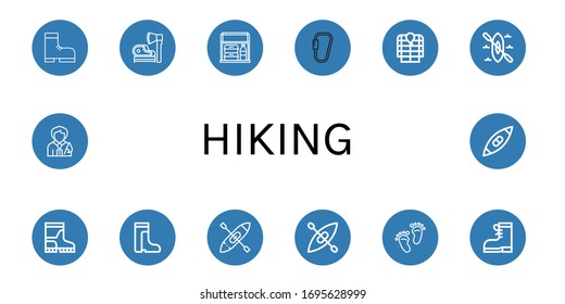 Set of hiking icons. Such as Boot, Ax, Thermo bag, Carabiner, Anorak, Kayak, Boots, Footprint, Tour guide , hiking icons