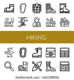 Set of hiking icons such as Snow boots, Camping, Carabiner, Zip line, Anorak, Tour guide, Boot, Boots, Cabin, Kayak, Active, Ax, Thermo bag , hiking