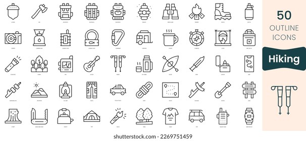 Conjunto de íconos de senderismo. Iconos de estilo lineal delgado Empaquetar. Ilustración vectorial