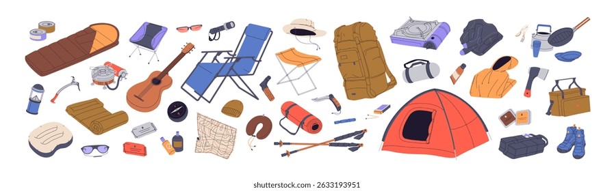 Set of hiking items. Camping kit, supplies and clothing travel in nature. Trekking tools: tents, sleeping bag, backpack, survival equipment. Flat isolated vector illustrations on white background