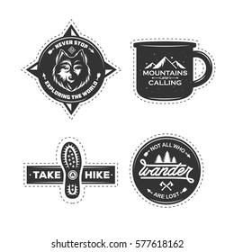 Set of hiking labels with motivational quotes. Mountains are calling. Take a hike. Never stop exploring. Outdoor activity badges. Boot print. Vector vintage illustration.