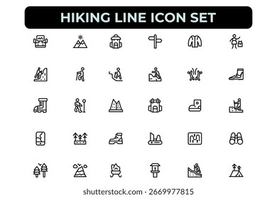 Conjunto de iconos de línea de senderismo.  Incluye brújula de línea delgada, caminar, botella, equipo, camping, esencial, caminata, viajes y más.Editable