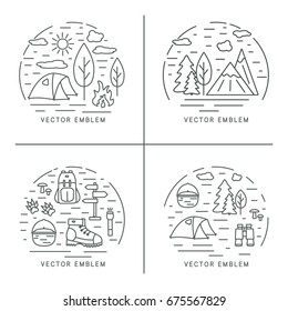 Set of hiking linear concept. Circle compositions for trekking, tourism and travels design. Summer recreation on fresh air. Outdoor line icons with open paths. Nature exploration collection.