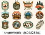 Set of hiking outdoor adventure emblems, patch. Hiking related typographic quote. Design with forest, hiker pole, hiking boot, pine cone, skull, mountains.