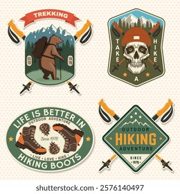 Set of hiking outdoor adventure emblems, patch. Hiking related typographic quote. Design with human skull skeleton in hat, hiking boots, pine cone, mountains, hiker bear with backpack.