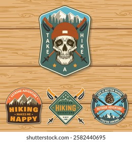 Set of hiking outdoor adventure emblems, patch. Hiking related typographic quote. Design with hiking boot, pine cone, mountains.