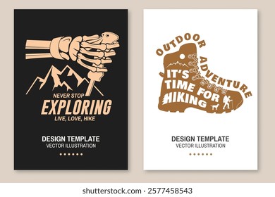 Set of hiking outdoor adventure flyer, poster, banner with human skeleton hand holding hiker pole, hiking boots, mountains. Vector