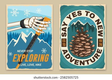 Set of hiking outdoor adventure flyer, poster, banner with human skeleton hand holding hiker pole, hiking boots, mountains. Vector