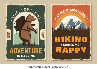 Set of hiking outdoor adventure flyer, poster, banner with hiker bear with backpack, mountain, hiking poles and pine cone. Vector.