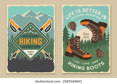 Set of hiking outdoor adventure flyer, poster, banner with mountain, hiking poles, pine cone, hiking boot. Vector.