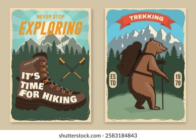 Set of hiking outdoor adventure flyer, poster, banner with hiker bear with backpack, mountain, hiking poles, hiking boot and pine cone. Vector.