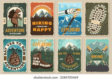 Set of hiking outdoor adventure flyer, poster, banner with hiker bear with backpack, mountain, hiking poles and pine cone. Vector.