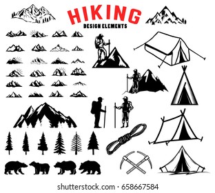 Set of hiking, outdoor, mountains design elements. Bears, trees, mountains, tents. Design elements for logo, label, emblem, sign, poster. Vector illustration