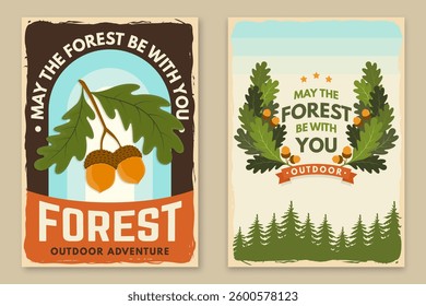 Set of hiking poster design with inspirational adventure quotes. Flyer, poster, banner with oak leaf and acorns. Outdoor adventure. Vector illustration.
