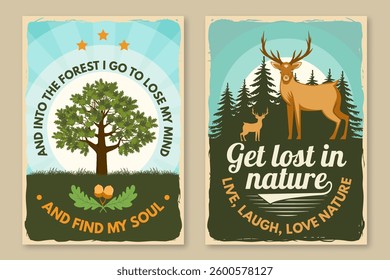 Set of hiking poster design with inspirational adventure quotes. Flyer, poster, banner with oak tree, leaf and acorns, pin forest, deer. Vector.