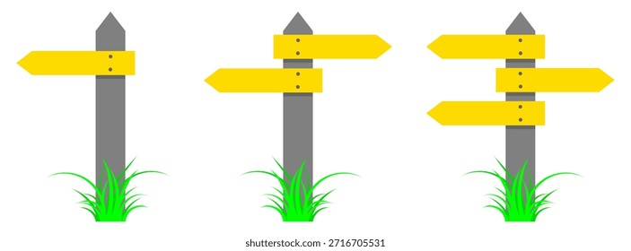 Conjunto de sinalizadores de caminhada com uma, duas e três setas direcionais amarelas. Ponteiros de sinal na grama. Conceito de navegação e direção. 