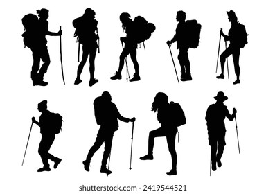 Conjunto de iconos de silueta de Hiking plantilla de diseño de ilustración vectorial