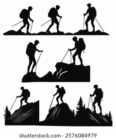 Set of Hiking Silhouettes of tourists and adventurers. Collection of illustration of Hiking with backpack mountaineer climber People