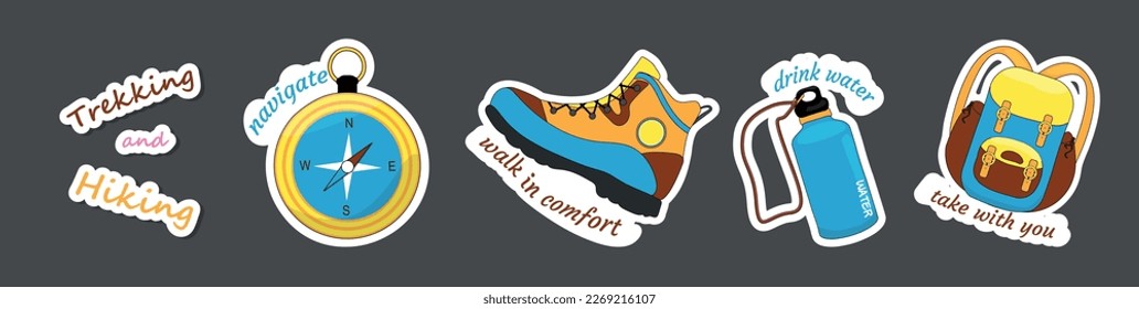 Set of hiking stickers. Items for travel and tourism. Jokes and funny phrases, sayings, quotes.