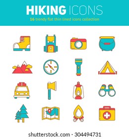 A set of hiking thin lined flat icons in outlined style with camping infographic elements - car, tent, campfire, mountains, trees, camera, backpack, map