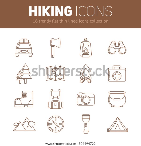 A set of hiking thin lined flat\
icons in outlined style with camping infographic elements - car,\
tent, campfire, mountains, trees, camera, backpack,\
map