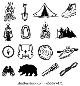 Set of hiking, tourism icons. Design elements for logo, label, emblem, sign, brand mark. Vector illustration