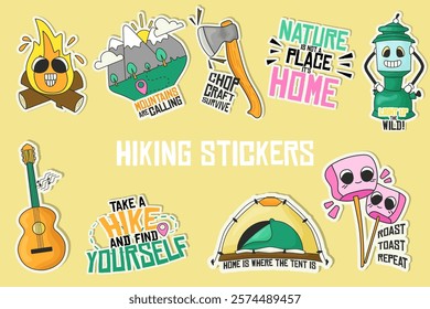 Set of hiking travel stickers with fire, tent, axe, marshmallow, kirosene lamp, mountains and slogans in y2k style