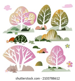 Set of hills and trees for background. Spring and summer in parks. Nature landscape elements for design. Colored vector illustration.